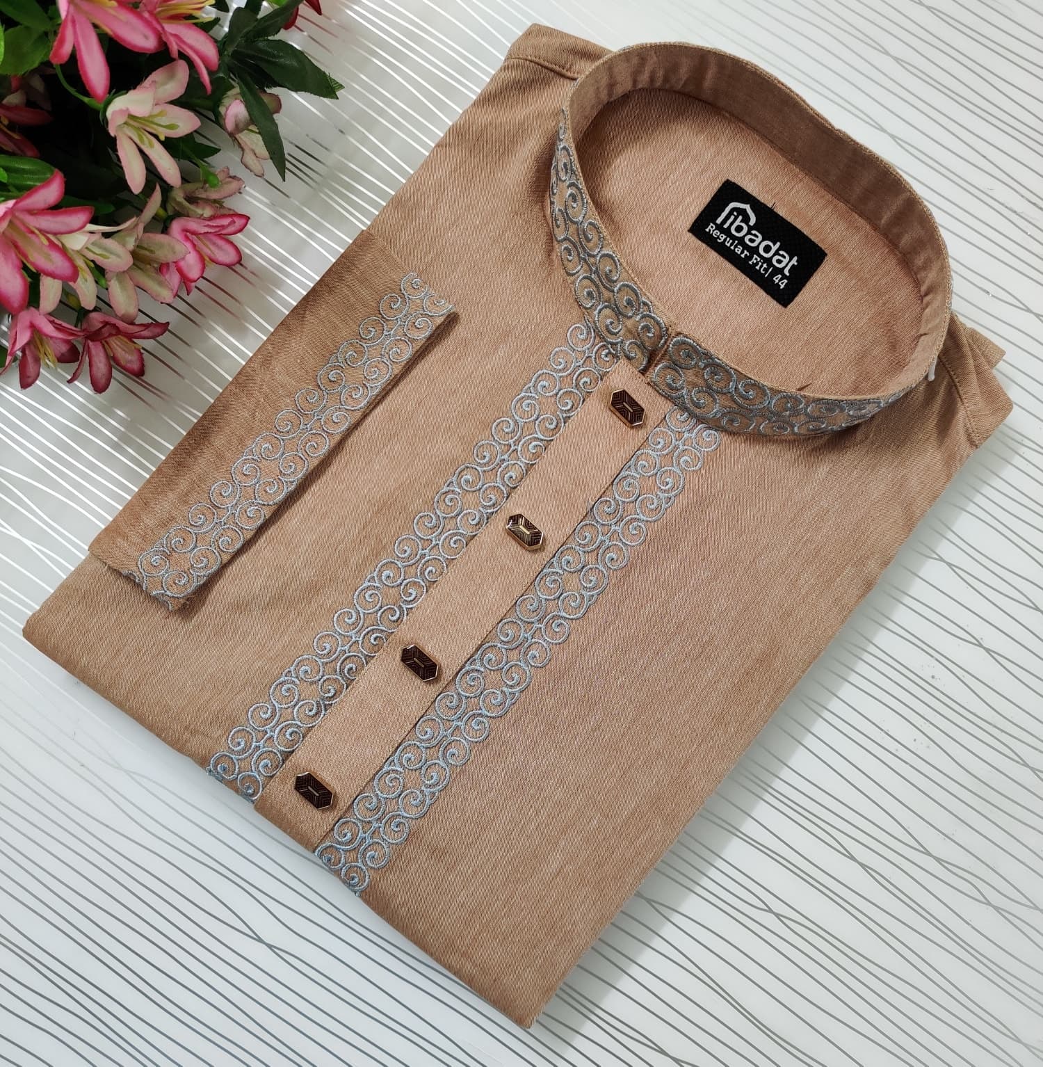 Dark Brown Embroidered Cotton Panjabi- 004