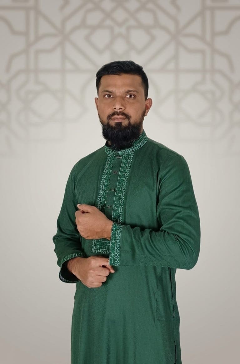 Deep Green Color Embroidered Cotton Panjabi- 008