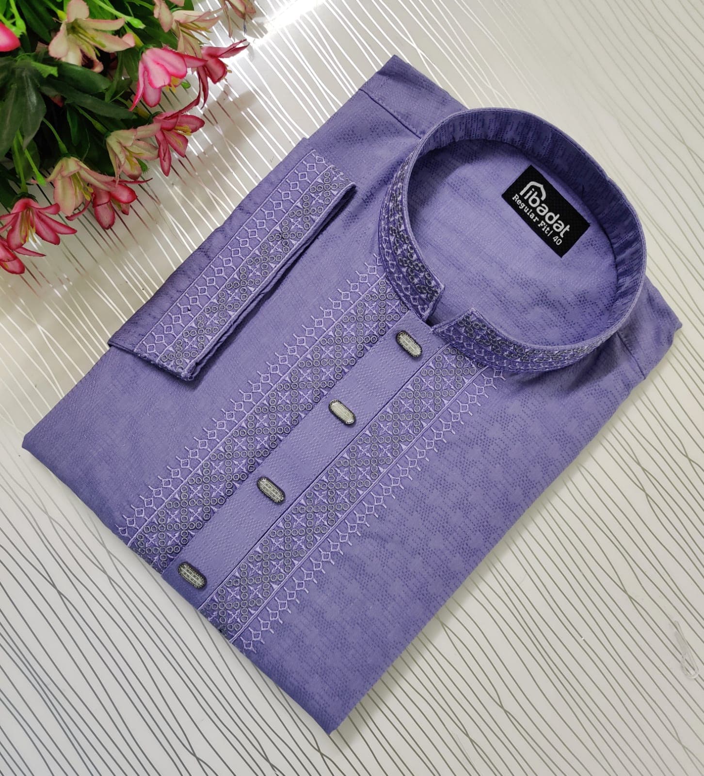 Light Purple Embroidered Cotton Panjabi- 009