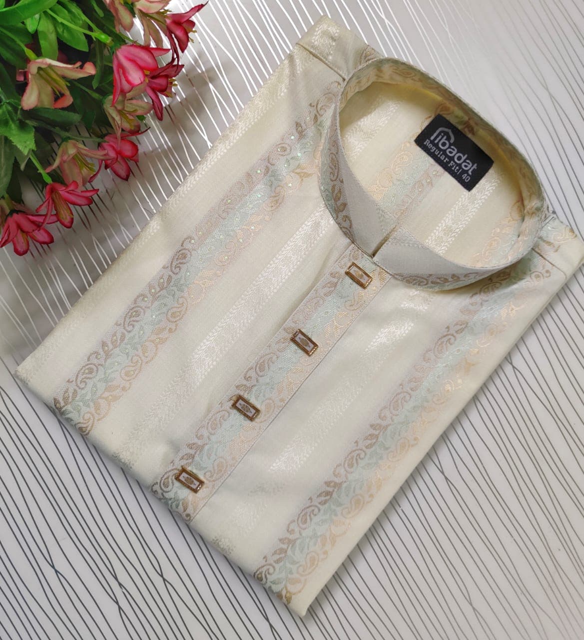 Cream Color Indian Sequence Print Panjabi-011