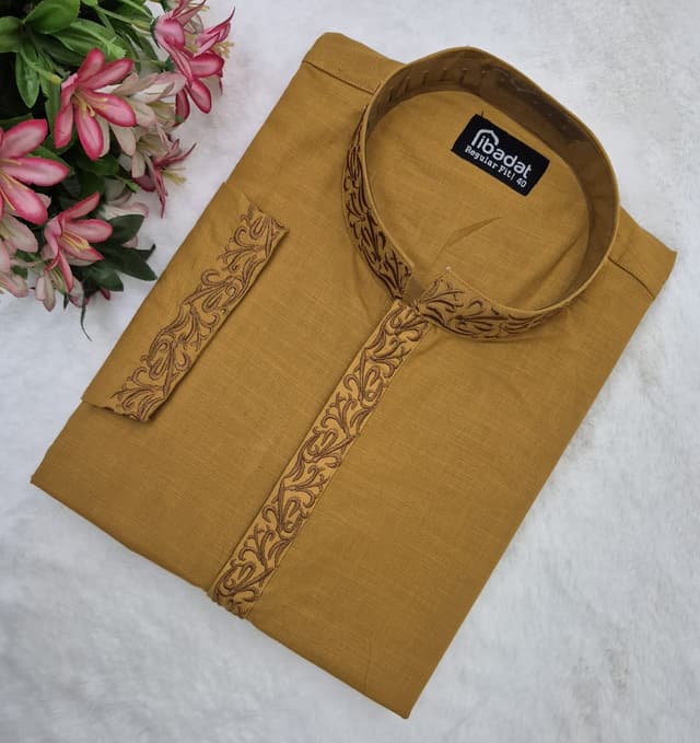 Mustard Yellow or Brown Embroiderd Cotton Panjabi-012