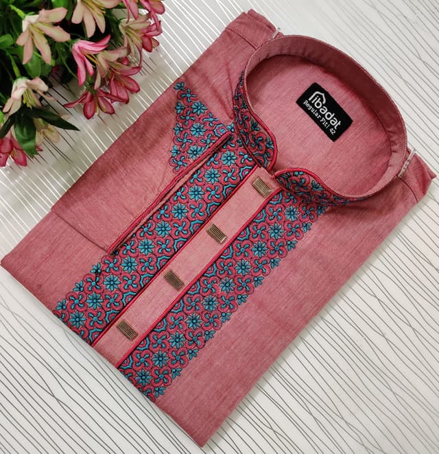 Taffy Pink color Embroidered Slab Cotton Panjabi-018
