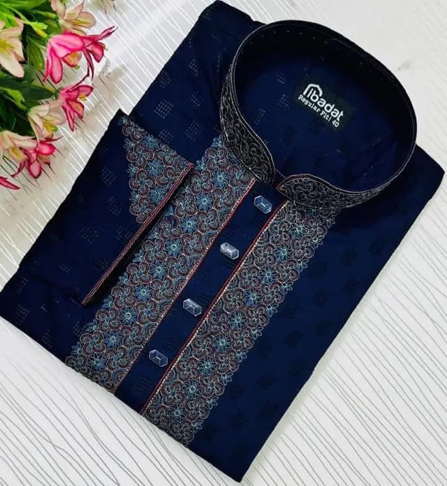 Deep Blue color Embroidered Slab Cotton Panjabi-019