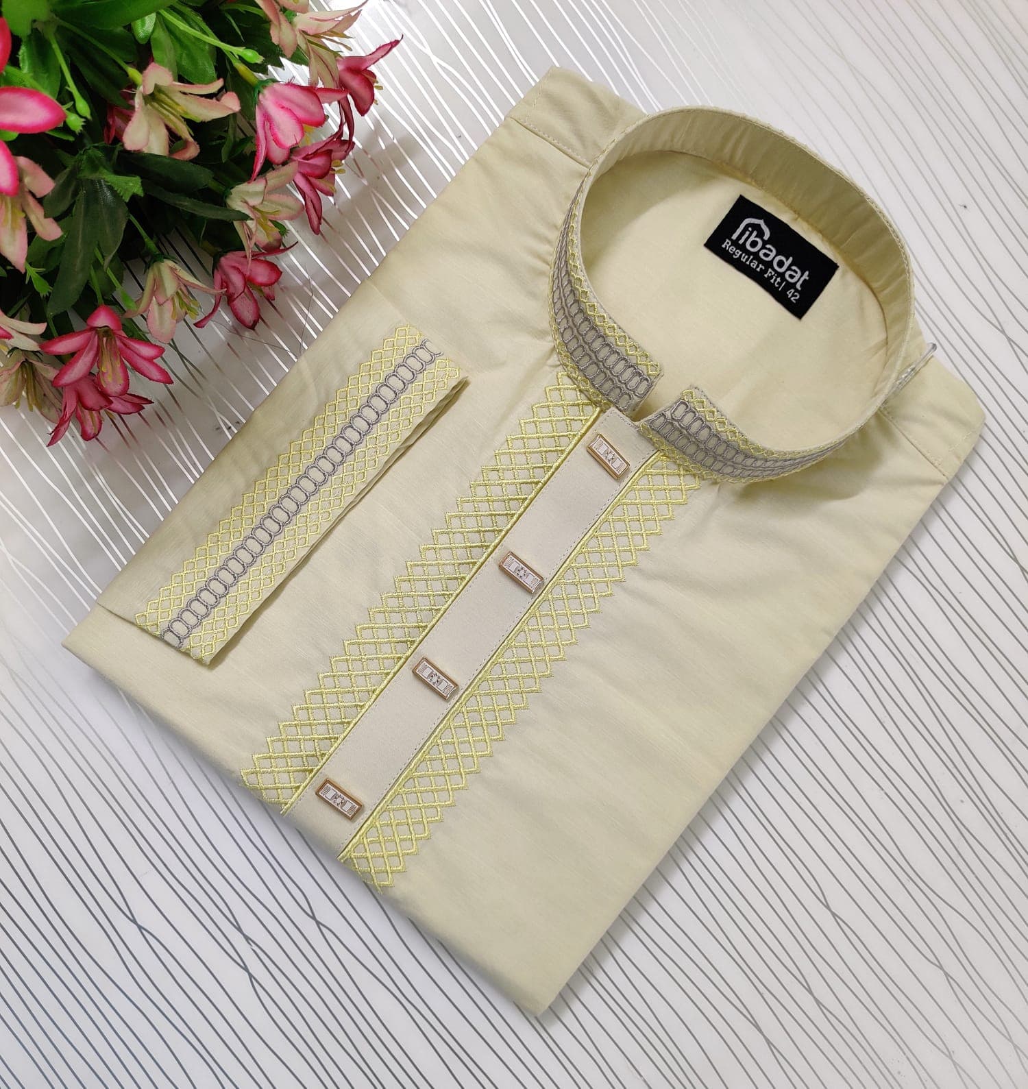 Cream Color color Embroidered Cotton Panjabi-020